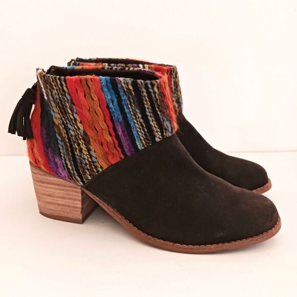 TOMS Leilia Brown Suede Ankle Boot Multicolor Woven Cuff  Block Heel Tassel Sz 7 - Picture 3 of 8